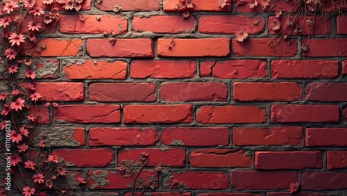 Crumbling Red Brick Wall with Ivy & Moss Texture photo