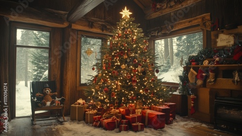 Christmas Tree in a Cozy Log Cabin