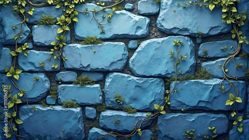 Ancient Blue Stone Wall with Moss, Lichen & Vines photo