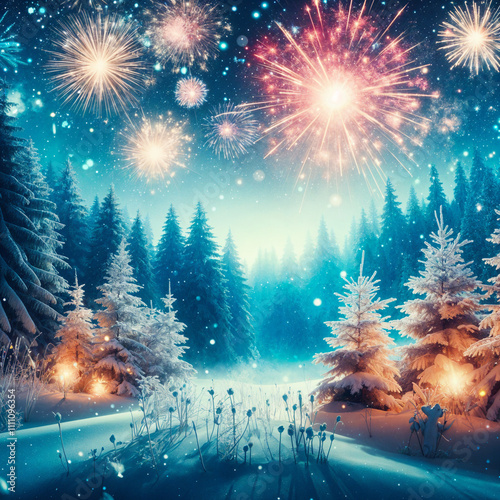Magical Winter Fireworks Illuminating Snowy Forest Against Dark Night Sky photo