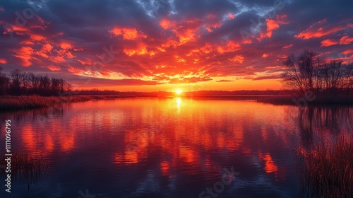 A fiery sunset over a still lake, reflected in the water, with a silhouette of trees in the foreground.