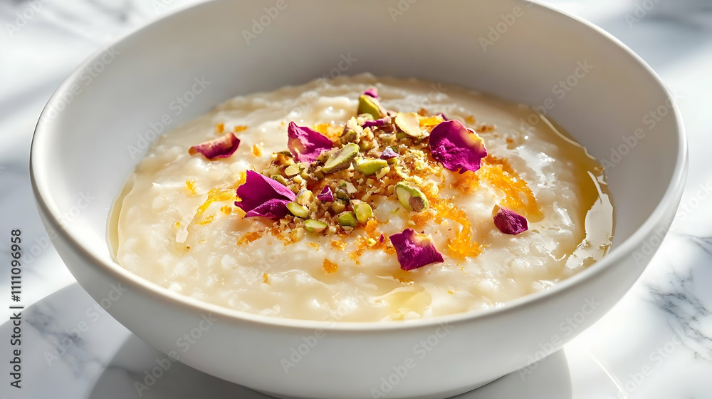 Orange Blossom Rice Pudding with Candied Rose Petals and Pistachio Brittle, Middle Eastern Dessert Photography Orange Blossom Rice Pudding with Candied Rose Petals and Pistachio Brittle, Middle Eastern Dessert Photography