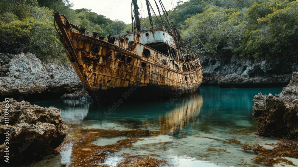 Rusted Shipwreck Partially Submerged in Clear Turquoise Water Rusted Shipwreck Partially Submerged in Clear Turquoise Water
