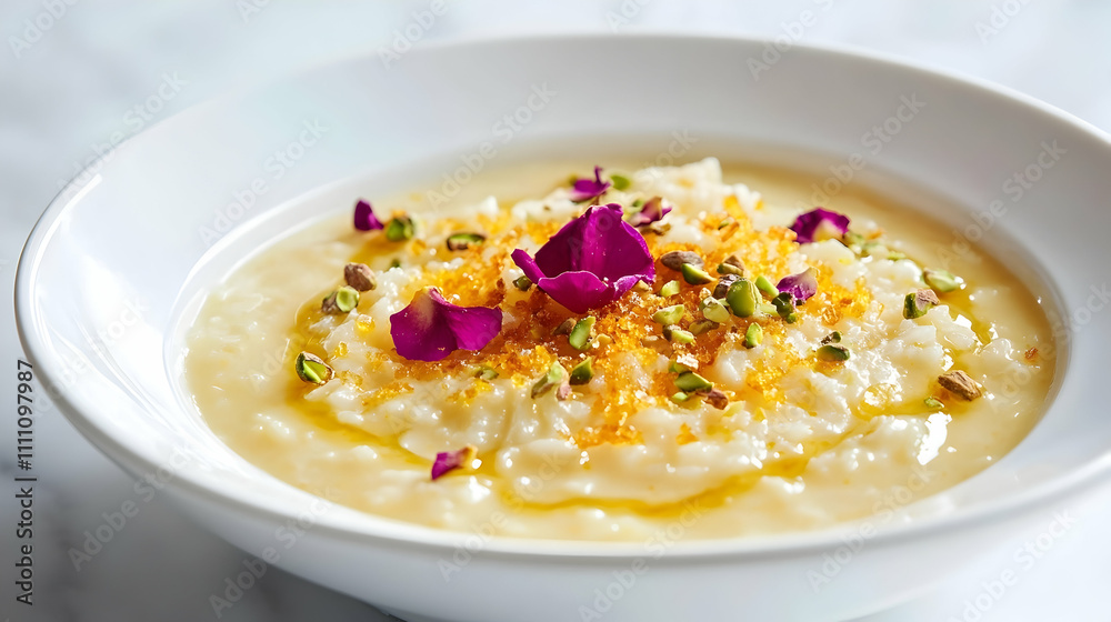 Orange Blossom Rice Pudding with Candied Rose Petals and Pistachio Brittle, Middle Eastern Dessert Photography Orange Blossom Rice Pudding with Candied Rose Petals and Pistachio Brittle, Middle Eastern Dessert Photography