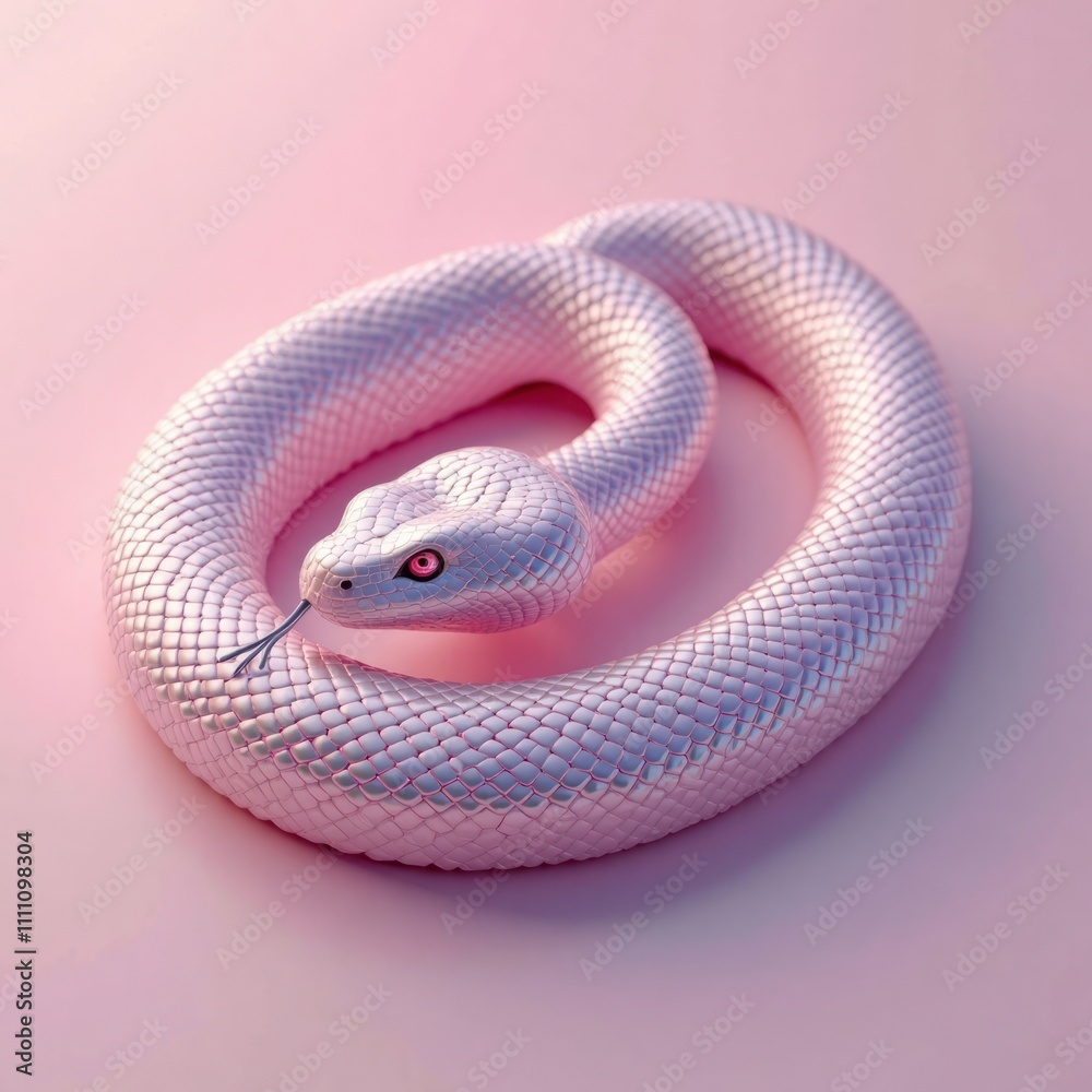 Fototapeta premium Trendy holographic snake design on pink background. Futuristic reptile graphic illustration. Snake in pastel pink color with chrome like texture, iridescent details. Abstract animal design.