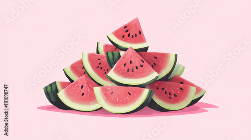 Asset illustration of watermelon slices forming a pyramid, representing summer abundance, growth, and refreshing treats on a pastel pink background.