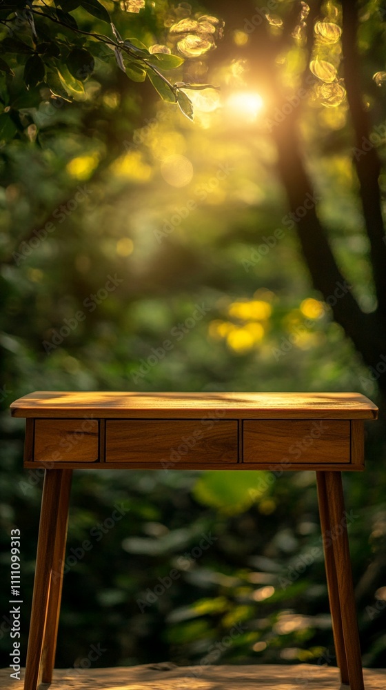 Naklejka premium Vintage wooden desk with three drawers standing in enchanted forest setting during golden hour, surrounded by dreamy bokeh lights and lush green foliage at sunset.