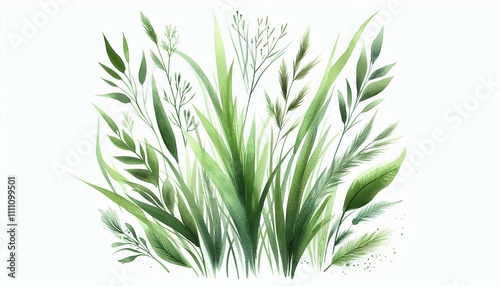 Organic Grass-Green Watercolor with Subtle Light Effects isolated on white