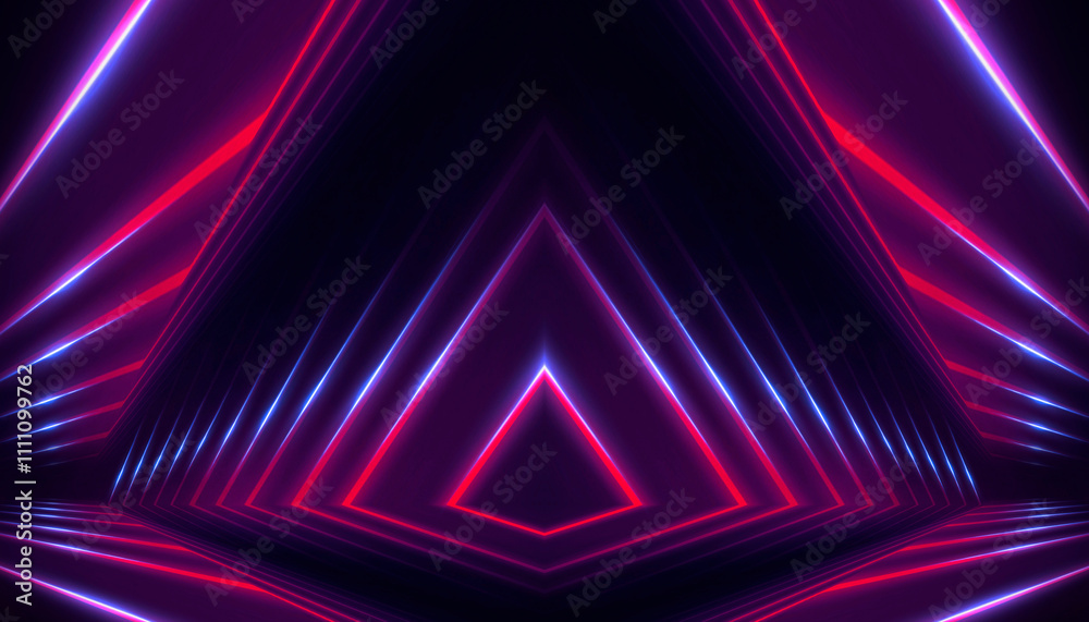 Neon light in tunnels, rays and lines. Perspective of light in motion. Dark abstract neon background, empty stage.