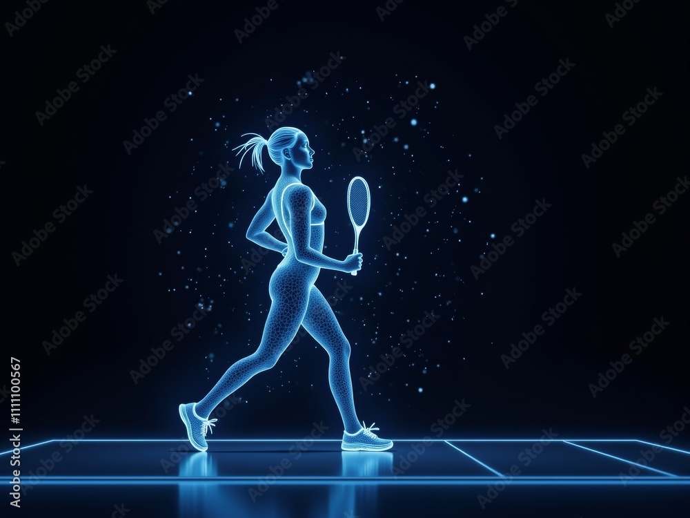 High-tech human hologram of woman playing tennis. 3d anatomy artificial intelligence illustration High-tech human hologram of woman playing tennis. 3d anatomy artificial intelligence illustration