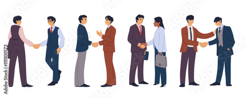 People handshake. Business man, woman characters in suits, diverse office deal. Happy and professional agreement. Employee partnership communication. Vector cartoon flat isolated set