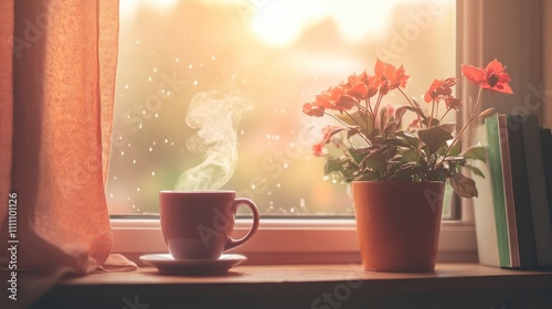 Cozy Cafe Vibes with Steaming Cup and Raindrops