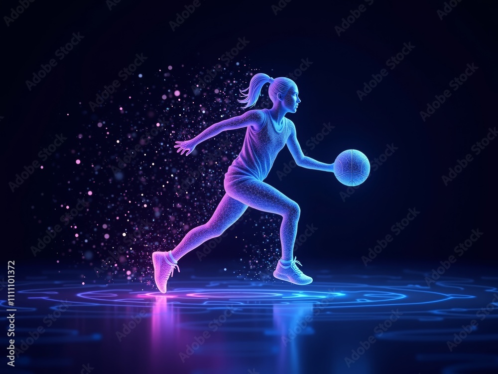 Advanced Wireframe hologram of female basketball player dribbling the ball with glowing lines and particles on dark background. Advanced Wireframe hologram of female basketball player dribbling the ball with glowing lines and particles on dark background.
