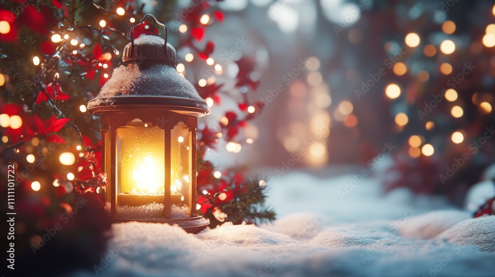 A Snowy Lantern in a Winter Forest with Christmas Lights A Snowy Lantern in a Winter Forest with Christmas Lights
