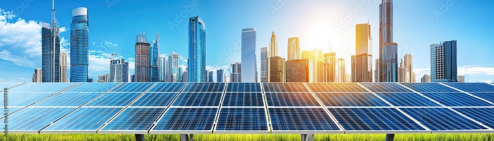 Obraz premium Array of solar panels set in front of skyscrapers, capturing sunlight in a vibrant urban environment during sunset