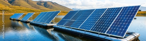 Floating solar panels on a calm lake, surrounded by green hills under a clear blue sky photo