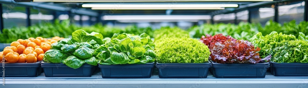 Vibrant assortment of fresh greens and citrus fruits arranged in trays, highlighting sustainable farming practices Vibrant assortment of fresh greens and citrus fruits arranged in trays, highlighting sustainable farming practices