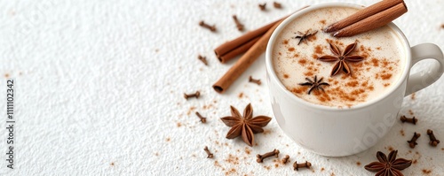 Cozy spiced chai latte in white mug garnished with cinnamon sticks and star anise. Spices are scattered on white surface. Top view showcasing comforting warmth and aromatic nature of beverage.