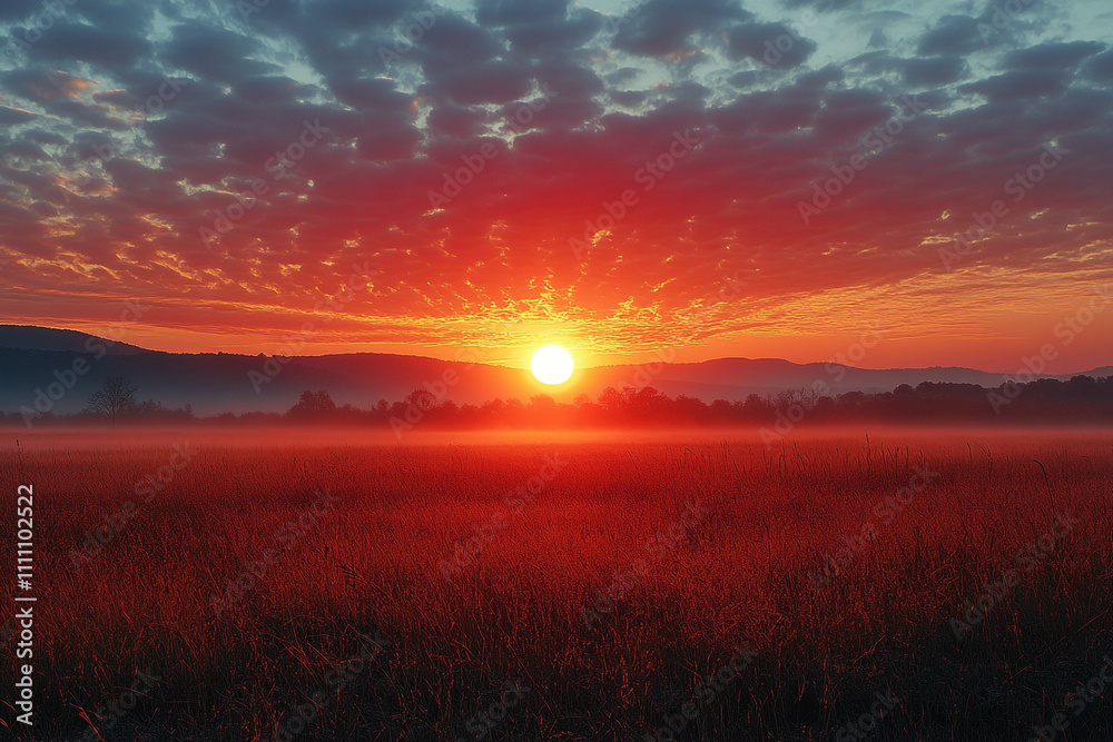 Fototapeta premium Fiery Sunrise Over Misty Field And Distant Mountains