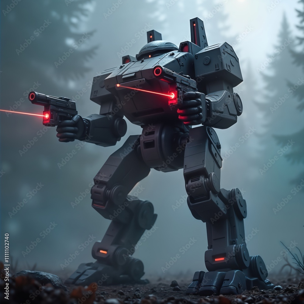 Futuristic mech stands in foggy forest. Powerful robot holds assault guns with laser sights. Metal armor suggests strong protection. Night battle scene indicates dangerous conflict. Sci-fi design Futuristic mech stands in foggy forest. Powerful robot holds assault guns with laser sights. Metal armor suggests strong protection. Night battle scene indicates dangerous conflict. Sci-fi design