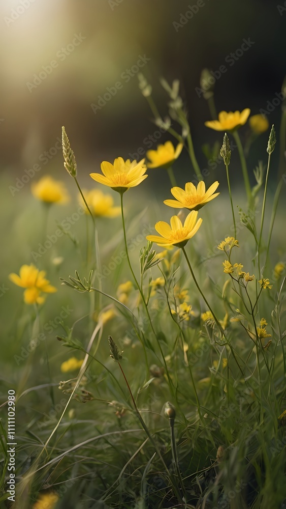 Fototapeta premium Tranquil Nature Background with Green Grass and Yellow Wildflowers in Focus
