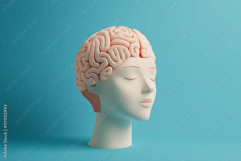 Abstract artistic concept featuring a white ceramic head sculpture with brain detail against a vibrant teal background, blending creativity and modern design Abstract artistic concept featuring a white ceramic head sculpture with brain detail against a vibrant teal background, blending creativity and modern design