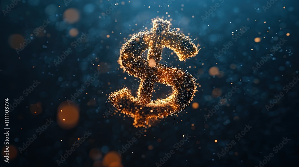 Naklejka premium A dollar sign made of tiny wooden particles floating in the air on top of blue digital data, 3D