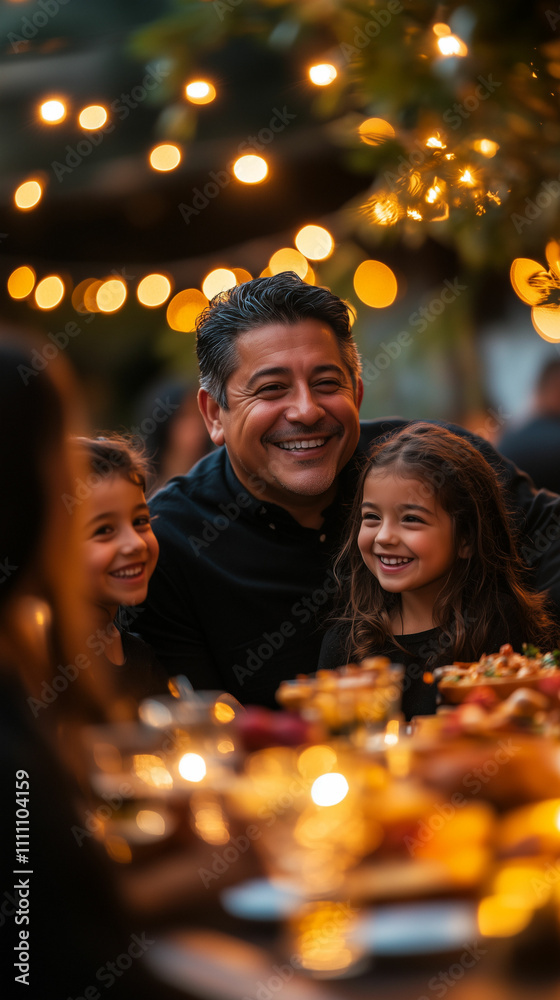 Smiling father enjoys a joyful dinner with his daughters amid warm string lights in an outdoor setting at night