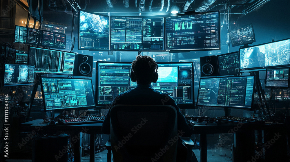 Hacker Surveillance Room Multiple Monitors Data Analysis Cybersecurity Network Securit Hacker Surveillance Room Multiple Monitors Data Analysis Cybersecurity Network Securit