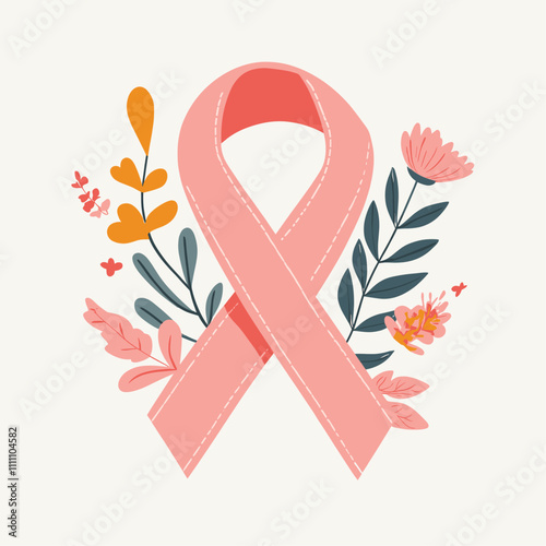 Pink breast cancer ribbon with flowers and leaves.