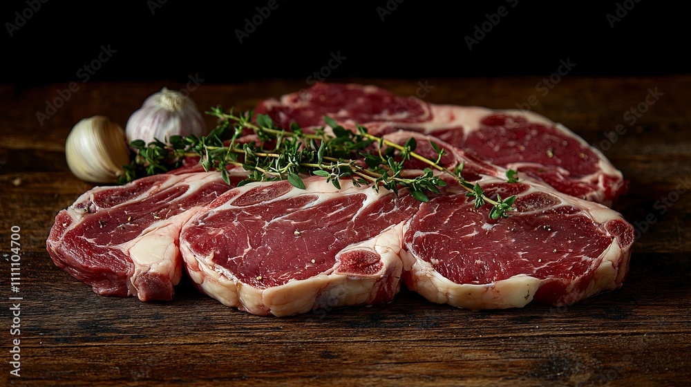 Fresh cuts of meat displayed with garlic and thyme on a wooden surface. Fresh cuts of meat displayed with garlic and thyme on a wooden surface.