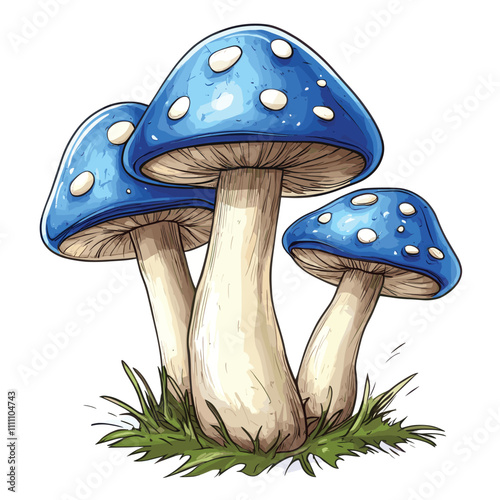 Three blue mushrooms with white spots and stems.