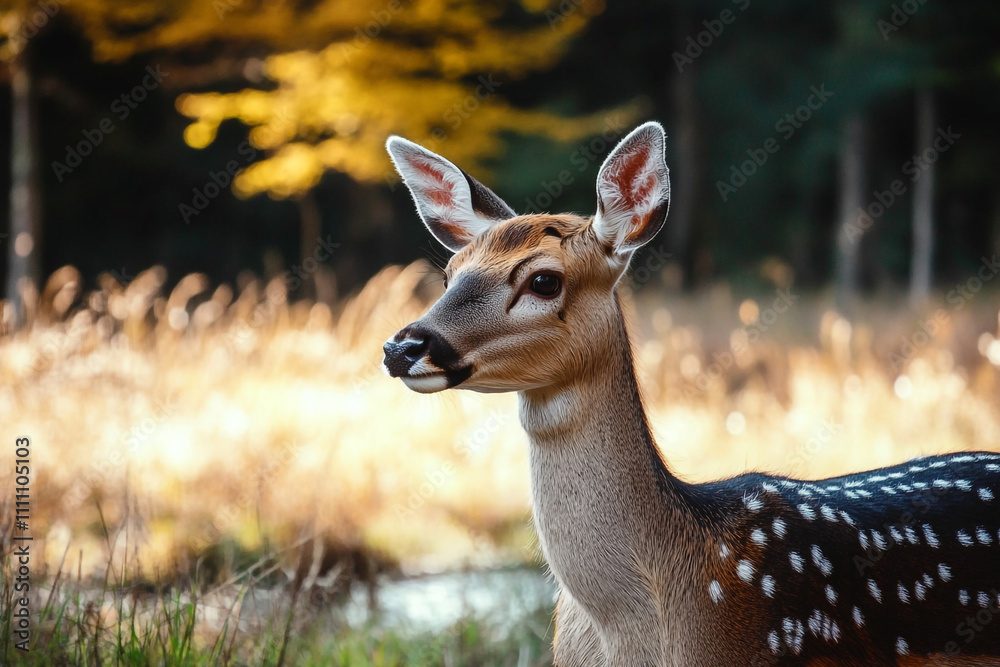 Young Axis Deer in Autumn Forest Setting Young Axis Deer in Autumn Forest Setting
