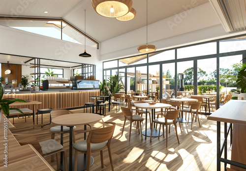 Bright and modern cafe interior with wooden furniture  pendant lighting  large windows  and indoor plants  creating a warm and inviting space for dining and socializing
