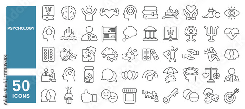 Set of 50 line icons related to psychology, mental, think, therapy, health, mind, brain, rehabilitation, help, cognitive, Editable stroke. Vector illustration