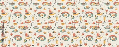 seamless pattern of Mid century modern food pattern teal orange retro dessert drinks joyful festive brunch 