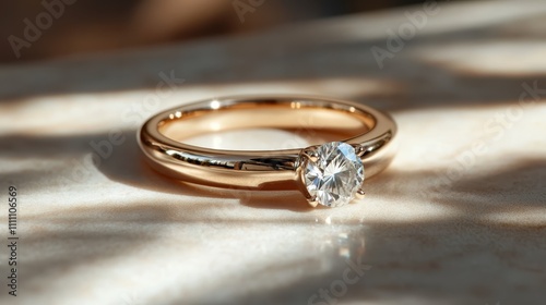 A beautifully crafted engagement ring featuring a brilliant round diamond set on a shiny gold band, set against a softly lit background, exuding elegance and commitment. photo