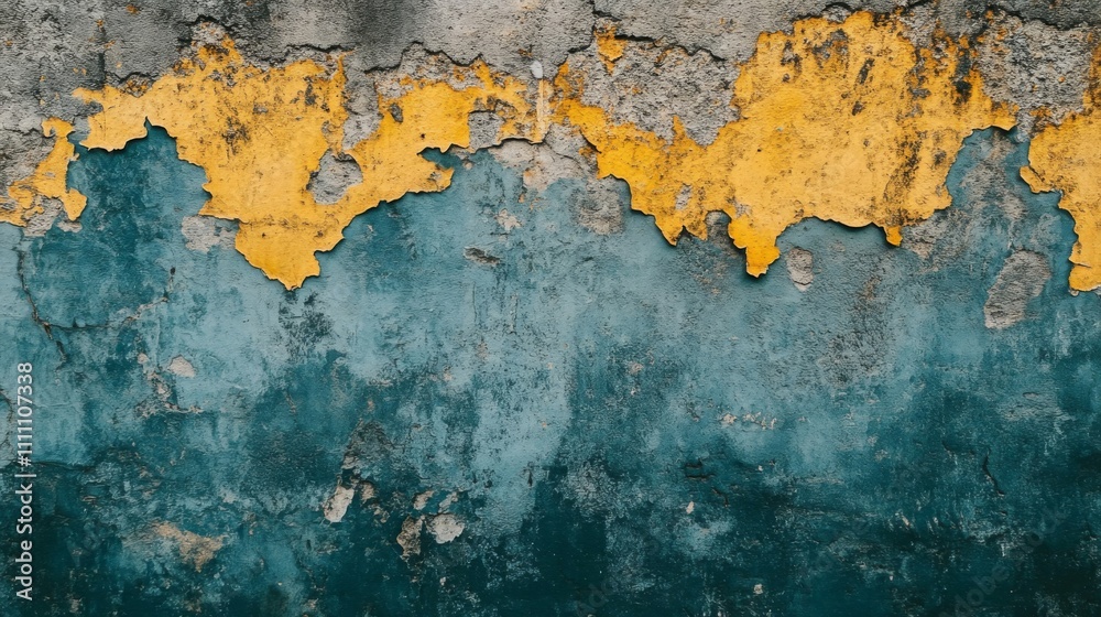 Fototapeta premium Weathered Wall with Yellow and Teal Paint Peeling