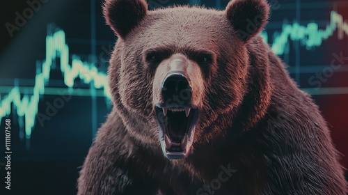 A fierce brown bear roaring in front of a financial chart, symbolizing market volatility. photo