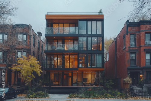 Modern Glass House Between Older Brick Buildings