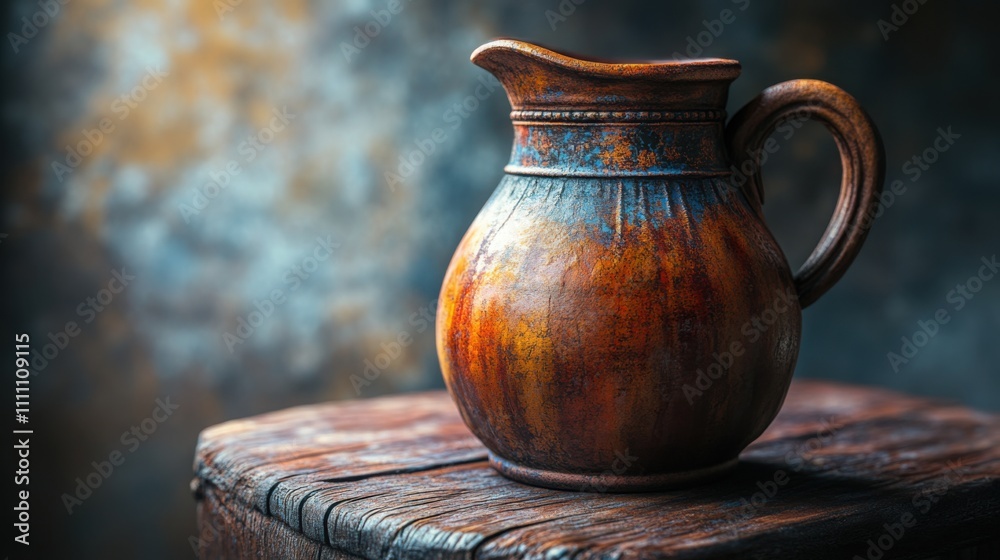 Rustic Clay Jug on Weathered Wooden Surface Rustic Clay Jug on Weathered Wooden Surface