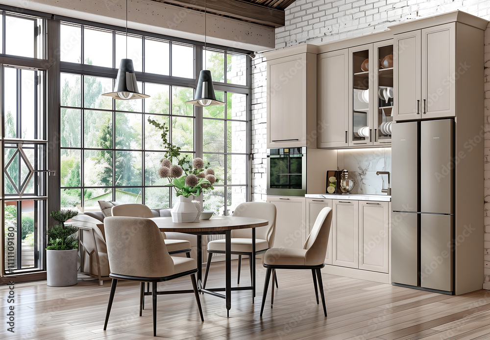 Bright kitchen with beige cabinetry, a round dining table, and large windows overlooking a garden. A charming and functional space with natural light and soft tones for a cozy ambiance