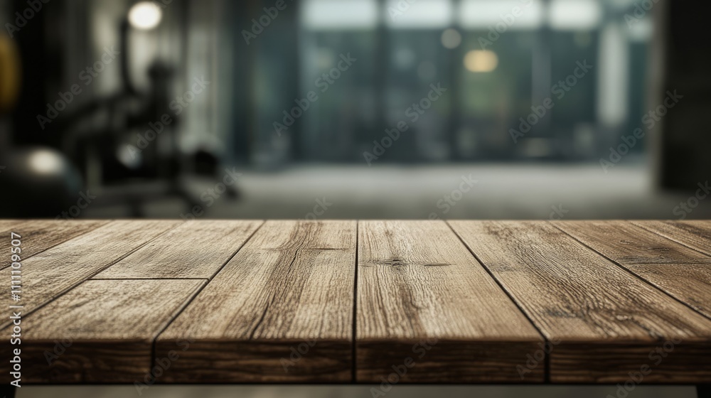 Empty wooden table with blurred gym room background. Empty wooden table with blurred gym room background.