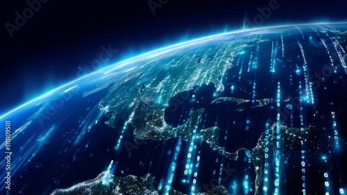 View of planet Earth wrapped in binary code digital information flows. Concept of technological revolution and global electronic commerce.