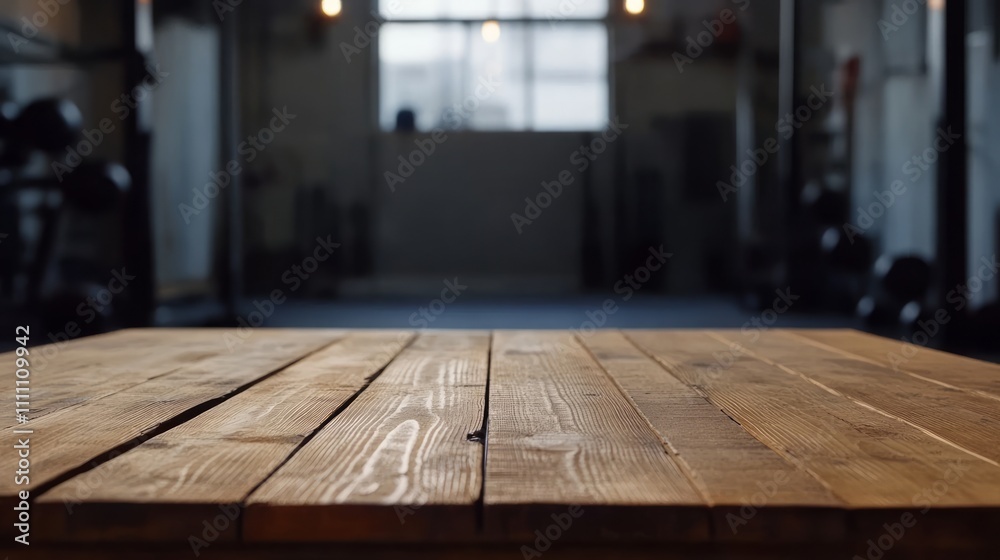 Empty wooden table with blurred gym room background. Empty wooden table with blurred gym room background.