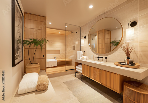 Spa-inspired bathroom with a round mirror, wooden vanity, and warm lighting. Minimalist and luxurious design featuring natural elements and a relaxing sauna for a tranquil retreat