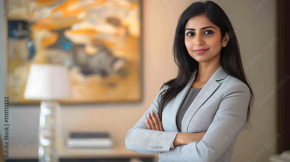 © zaheer - A confident young Indian businesswoman in a light grey suit, standing proudly with arms crossed in a sleek, contemporary office space, radiating professionalism and success