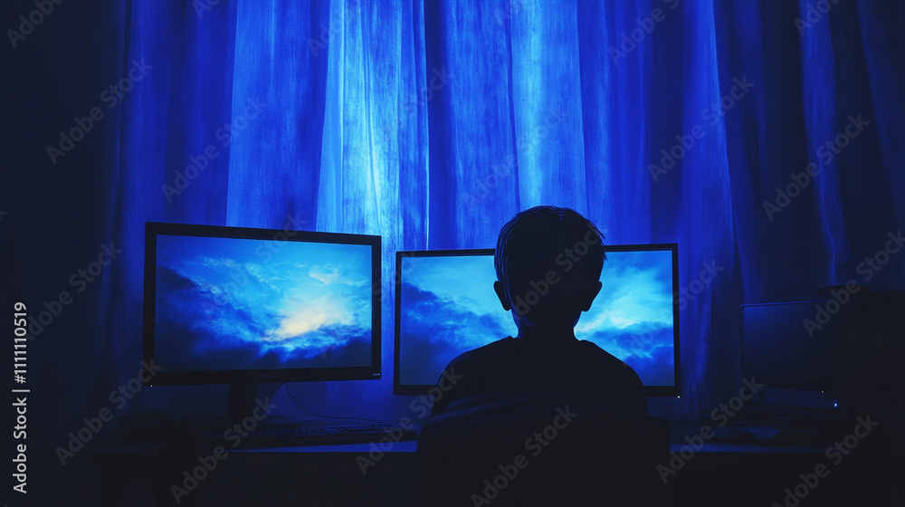 Child Gamer Night Blue Light Screens Gaming Setup Digital World Multiple Monitors Child Gamer Night Blue Light Screens Gaming Setup Digital World Multiple Monitors