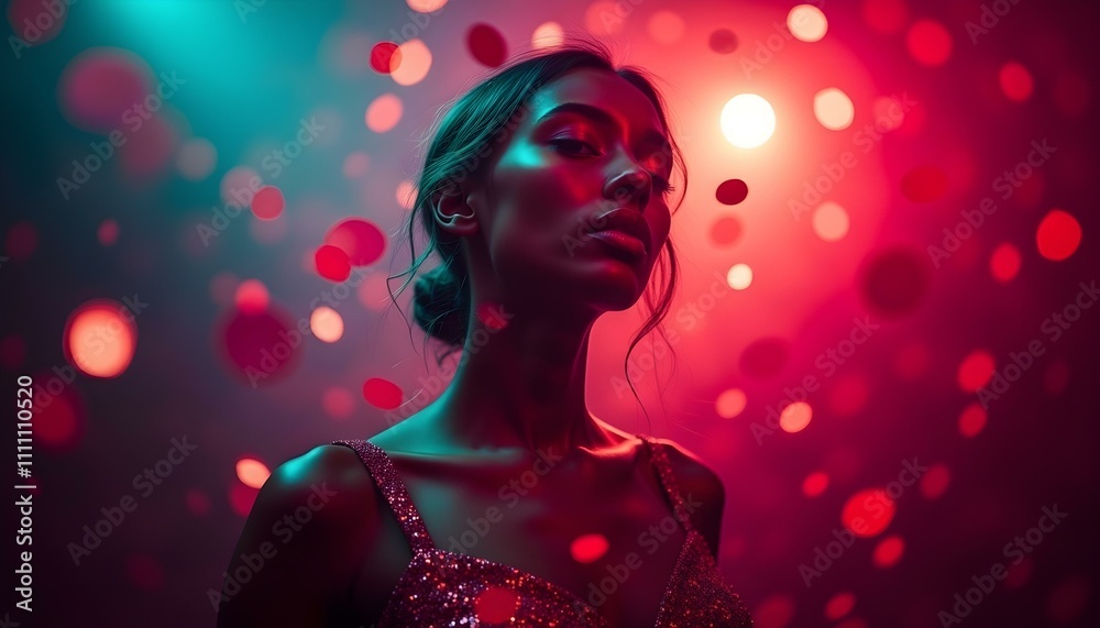 Beautiful young brunette woman in dreamy lighting in a nightclub alone dancing relaxed meditation confetti disco ball light new year party