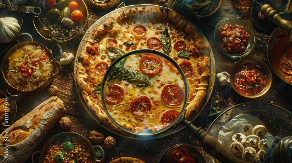 Magnifying glass over delicious cheese pizza surrounded by various Italian foods on rustic wooden table. Magnifying glass over delicious cheese pizza surrounded by various Italian foods on rustic wooden table.